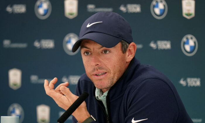 Golfer Rory McIlroy speaks at a press conference during the Pro-Am ahead of the BMW PGA Championship at Wentworth Golf Club, Virginia Water, Surrey, England, on Sept. 7, 2022. (Adam Davy/PA via AP Photo)