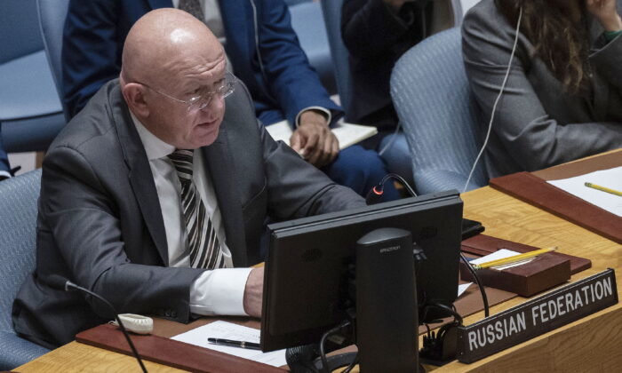 Russian Ambassador to the United Nations Vassily Nebenzia speaks during a meeting, in the United Nations Security Council, on Sept. 7, 2022. (Yuki Iwamura/AP Photo)