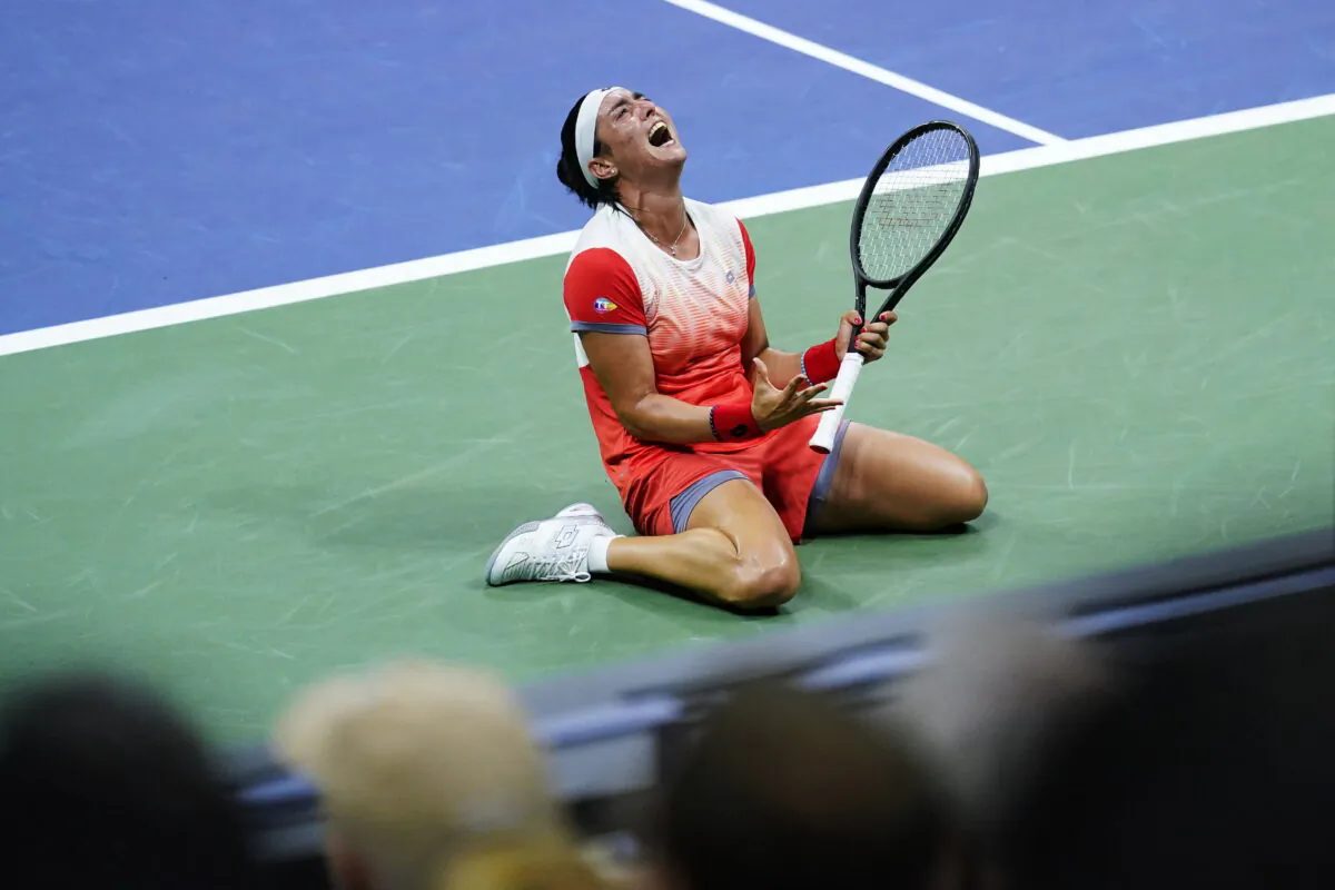 Ons Jabeur of Tunisia reacts after defeating Caroline Garcia of France in the semifinals of the U.S. Open tennis championships in New York on Sept. 8, 2022. (Matt Rourke/AP Photo)