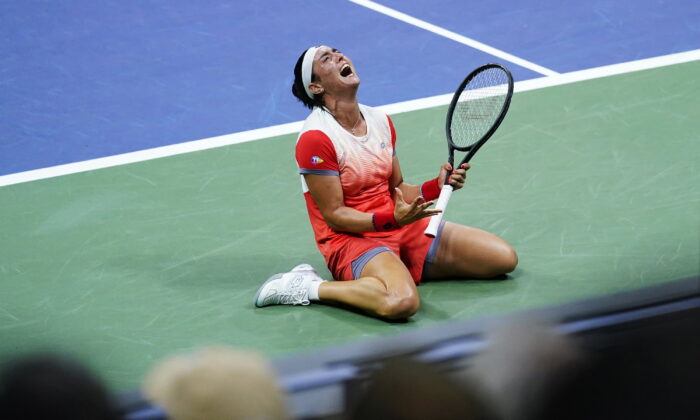 Ons Jabeur of Tunisia reacts after defeating Caroline Garcia of France in the semifinals of the U.S. Open tennis championships in New York on Sept. 8, 2022. (Matt Rourke/AP Photo)