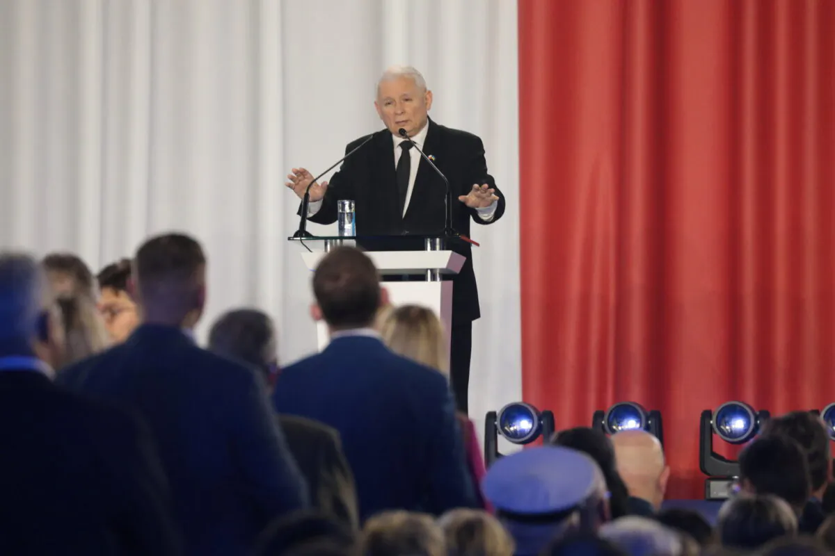 Poland's Deputy Prime Minister and Law and Justice (PiS) party leader Jaroslaw Kaczynski delivers his speech during the political convention of the Law and Justice (PiS) ruling party in Marki near Warsaw, Poland, on June 4, 2022. (Slawomir Kaminski/Agencja Wyborcza.pl via Reuters)