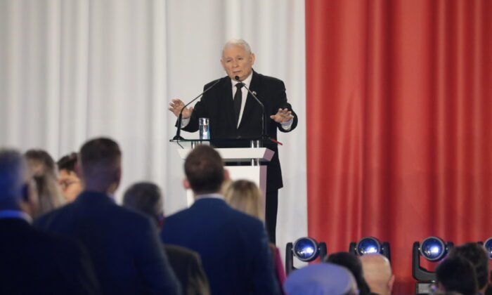 Poland's Deputy Prime Minister and Law and Justice (PiS) party leader Jaroslaw Kaczynski delivers his speech during the political convention of the Law and Justice (PiS) ruling party in Marki near Warsaw, Poland, on June 4, 2022. (Slawomir Kaminski/Agencja Wyborcza.pl via Reuters)