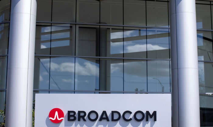 The Broadcom Limited company logo is shown outside one of their office complexes in Irvine, Calif., on March 4, 2021. (Mike Blake/Reuters)