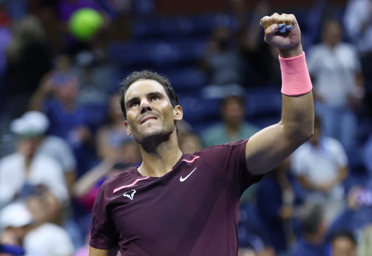 Spain's Rafael Nadal celebrates winning his second round match against Italy's Fabio Fognini during the U.S. Open Tennis Tournament in Flushing Meadows, New York, on Sept. 1, 2022. (Mike Segar/Reuters)