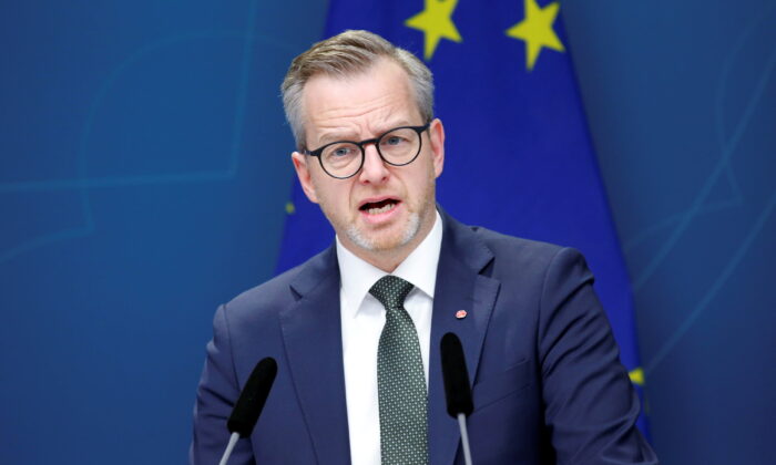 Swedish Finance Minister Mikael Damberg attends a press conference to propose relief for households affected by high electricity prices, in Rosenbad, Stockholm on Jan. 12, 2022. (Johan Jeppsson /TT News Agency via Reuters)