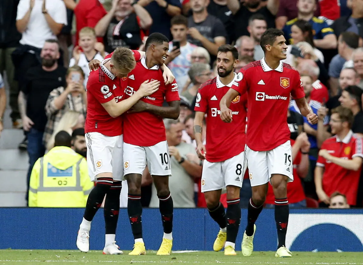 Manchester United's Marcus Rashford celebrates scoring their third goal with Scott McTominay, Bruno Fernandes and Raphael Varane during the English Premier League football match between Manchester United and Arsenal at Old Trafford in Manchester, north west England, on Sept. 4, 2022. (Craig Brough/Reuters)