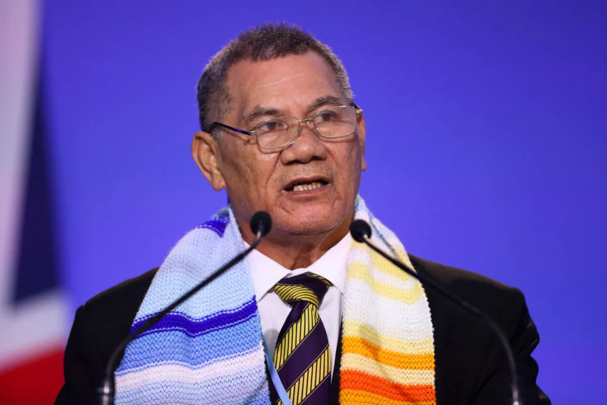 Tuvalu's Prime Minister Kausea Natano speaks during the U.N. Climate Change Conference (COP26) in Glasgow, Scotland, Britain, on Nov. 2, 2021. (Hannah McKay/Pool/Reuters)