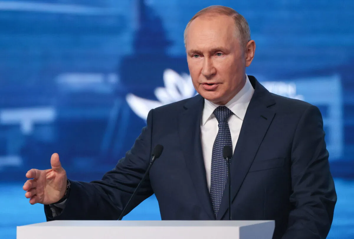 Russian President Vladimir Putin delivers a speech at the plenary session of the 2022 Eastern Economic Forum (EEF) in Vladivostok, Russia, on Sept. 7, 2022. (Sergey Bobylev/TASS Host Photo Agency/Handout via Reuters) 