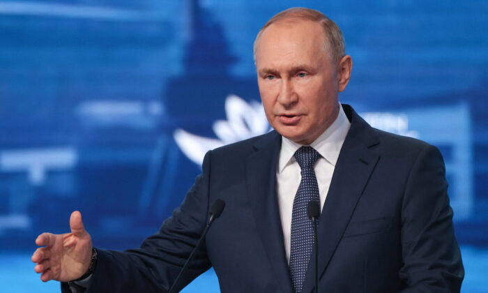 Russian President Vladimir Putin delivers a speech at the plenary session of the 2022 Eastern Economic Forum (EEF) in Vladivostok, Russia, on Sept. 7, 2022. (Sergey Bobylev/TASS Host Photo Agency/Handout via Reuters) 