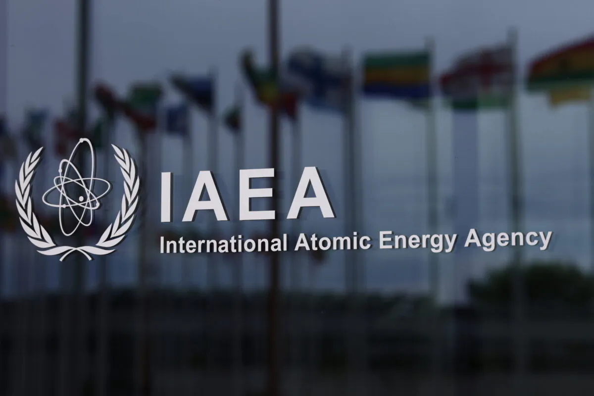 The logo of the International Atomic Energy Agency (IAEA) is seen at the IAEA headquarters in Vienna, Austria, on May 24, 2021. (Lisi Niesner/Reuters)