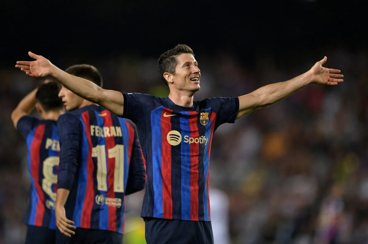 FC Barcelona's Robert Lewandowski celebrates scoring their fourth goal to complete his hat-trick: FC Barcelona v Viktoria Plzen— Camp Nou, Barcelona, Spain, on Sept. 7, 2022  (Pablo Morano/Reuters)
