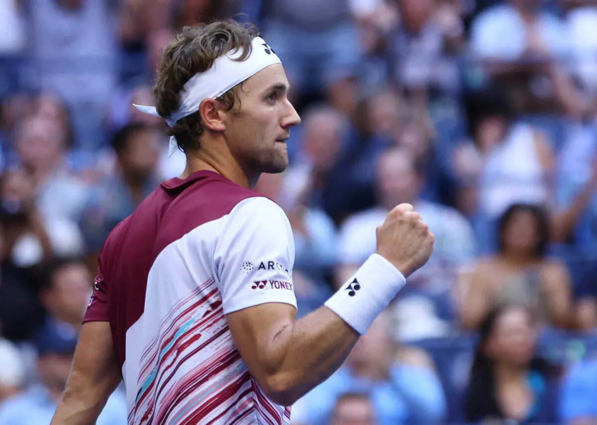 Norway's Casper Ruud reacts during his semi final match against Russia's Karen Khachanov at the U.S. Open in Flushing Meadows, New York, on Sept. 9, 2022. (Mike Segar/Reuters)