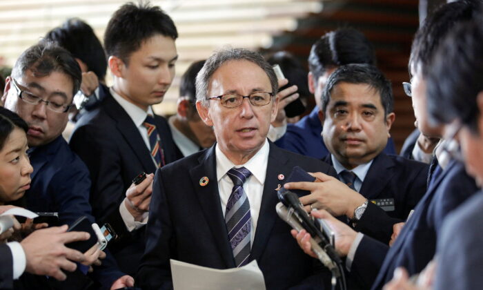 Okinawa Governor Denny Tamaki speaks to the media after a meeting with Japan's then-Prime Minister Shinzo Abe at Abe's official residence in Tokyo, Japan, on March 1, 2019. (Kimimasa Mayama/Pool via Reuters/File Photo)