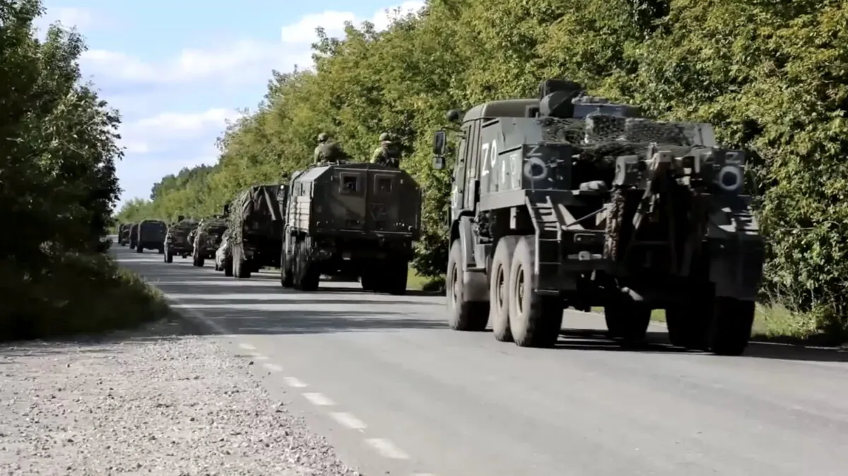 A still image from a video released by the Russian Defense Ministry shows what it said to be a Russian military convoy heading towards the frontline in Ukraine's Kharkiv region, at an unidentified location, on Sept. 2, 2022. (Russian Defense Ministry/Handout via Reuters)