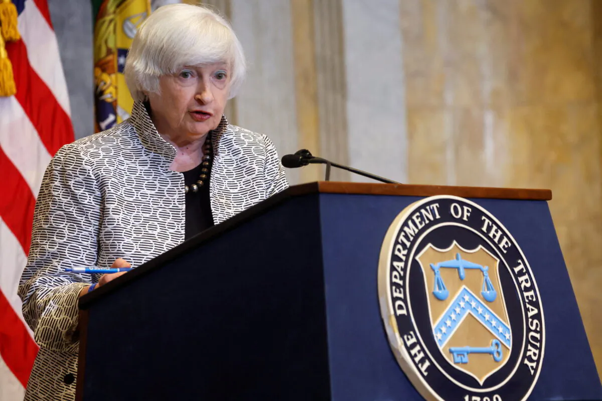 Treasury Secretary Janet Yellen holds a news conference in the Cash Room at the Treasury Department in Washington on July 28, 2022. (Jonathan Ernst/Reuters)