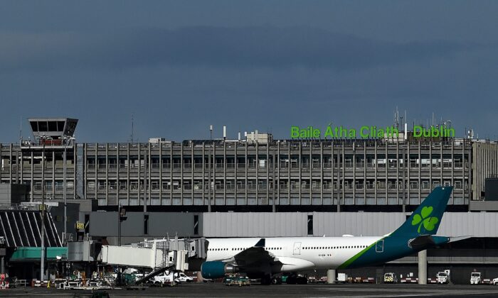 An Aer Lingus aircraft at Dublin Airport, in Dublin, Ireland, on March 26, 2021. (Clodagh Kilcoyne/Reuters)