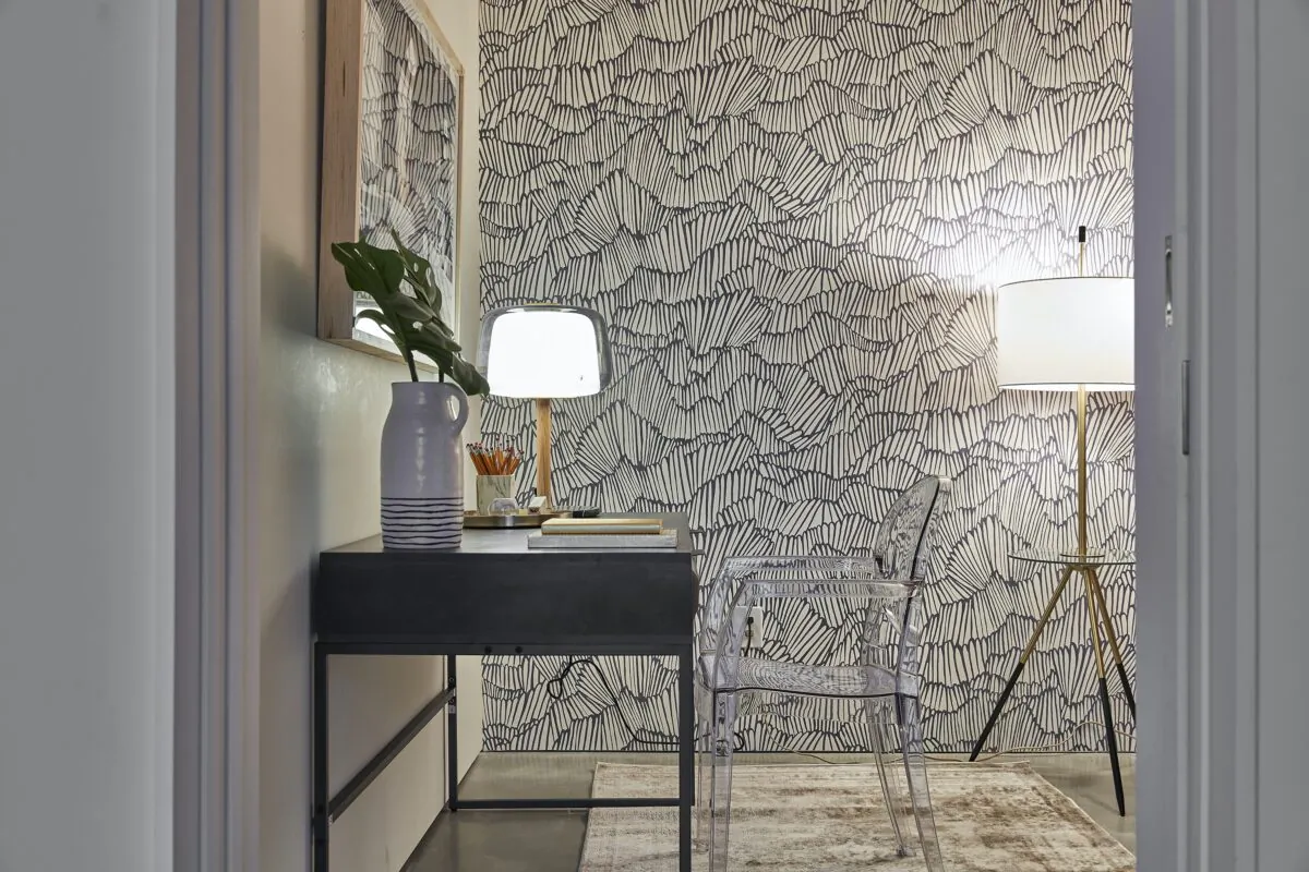 Wallpaper helps to add interest and a graphic element in a small office space. (Scott Gabriel Morris/TNS)