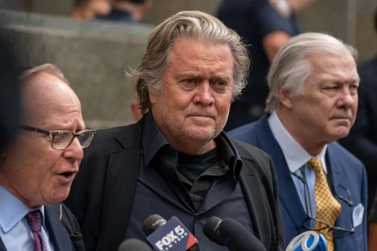 Steve Bannon, former adviser to former President Donald Trump, speaks to members of the media after his arraignment in New York state Supreme Court in New York on Sept. 8, 2022. (David Dee Delgado/Getty Images)