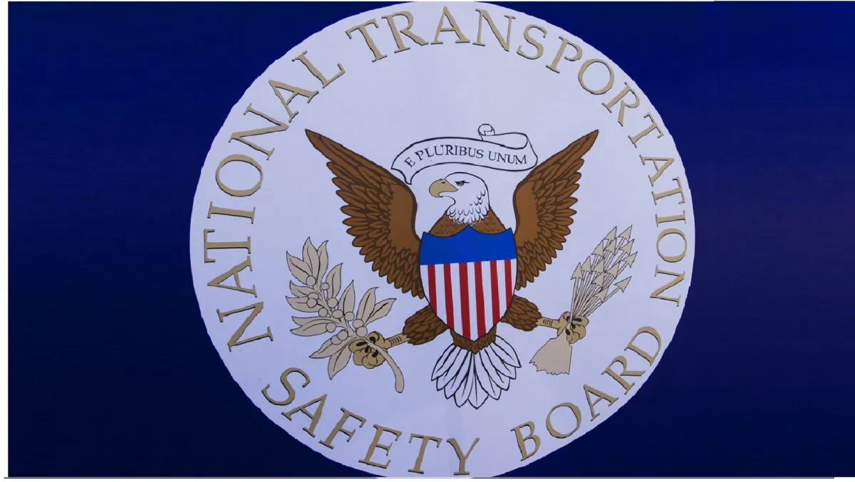 The NTSB logo during a safety event for children at Trailside Middle School, in Ashburn, Va., on Aug. 25, 2015. (Paul J. Richards/AFP via Getty Images)