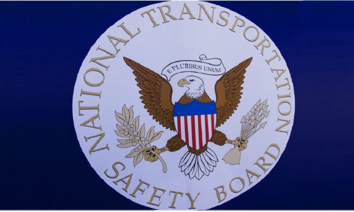 The NTSB logo during a safety event for children at Trailside Middle School, in Ashburn, Va., on Aug. 25, 2015. (Paul J. Richards/AFP via Getty Images)