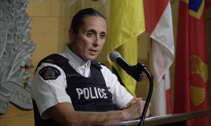 Assistant Commissioner Rhonda Blackmore speaks during a press conference at RCMP "F" Division Headquarters in Regina on Sept. 7, 2022. (The Canadian Press/Michael Bell)