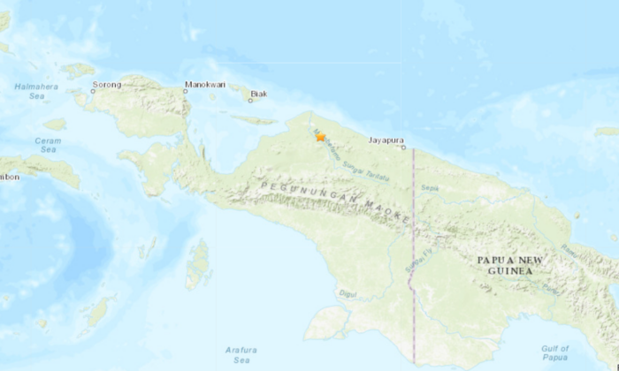 A map shows the location of an earthquake of magnitude 6.2 that struck the region of Papua in Indonesia, on Sept. 10, 2022. (USGS/Screenshot via The Epoch Times)