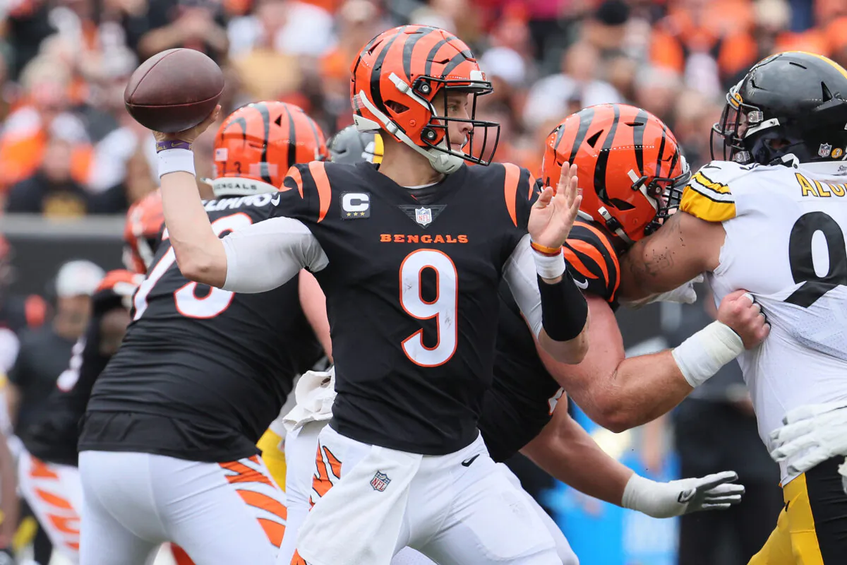 Quarterback Joe Burrow #9 of the Cincinnati Bengals attempts a pass against the Pittsburgh Steelers during the first half at Paul Brown stadium in Cincinnati, Sept. 11, 2022. (Andy Lyons/Getty Images)
