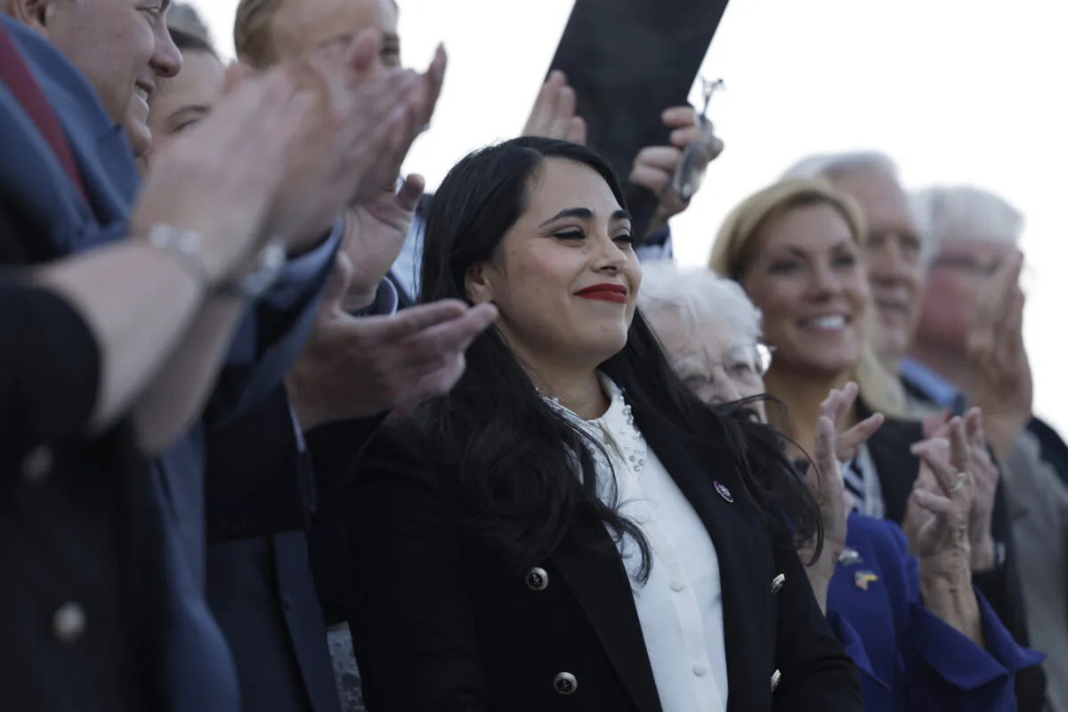 U.S. Rep. Mayra Flores (R-Texas) is applauded after being sworn into Congress in Washington on June 21, 2022, after winning a special election in the state’s Congressional District 34, a traditionally Democratic district where she is running as an underdog in November as one of more than 100 Latino candidates running for the U.S. House and U.S. Senate. (Anna Moneymaker/Getty Images)