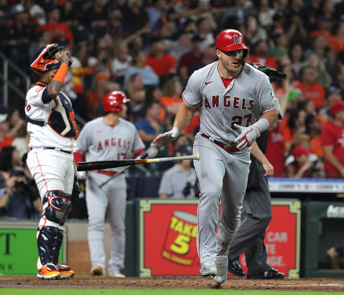 Mike Trout (27) of the Los Angeles Angels hits a three run home run in the second inning against the Houston Astros at Minute Maid Park in Houston, on Sept. 10, 2022. (Bob Levey/Getty Images)