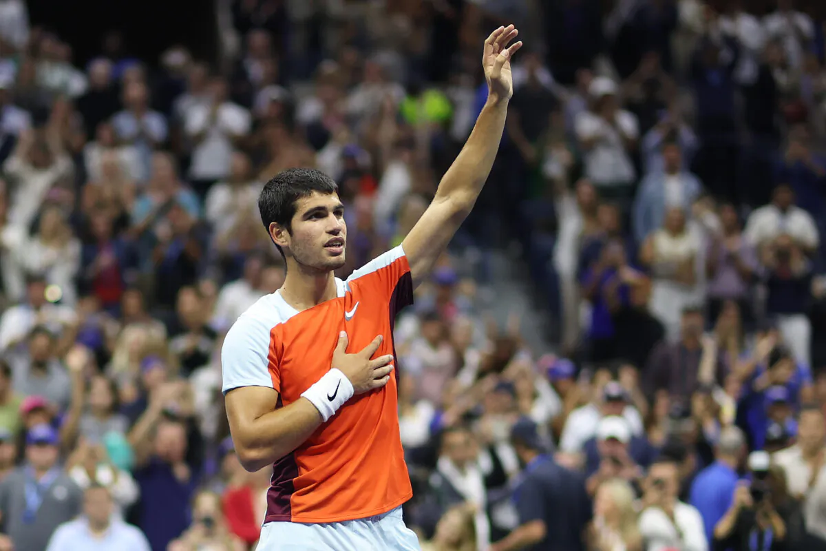 Carlos Alcaraz of Spain celebrates after defeating Casper Ruud of Norway during their men’s singles final match at the U.S. Open tennis championships in New York on Sept. 11, 2022. (Julian Finney/Getty Images)