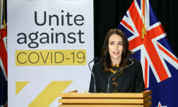 Prime Minister Jacinda Ardern speaks to media at a press conference ahead of a nationwide lockdown at Parliament in Wellington, New Zealand, on March 25, 2020. (Hagen Hopkins/Getty Images)
