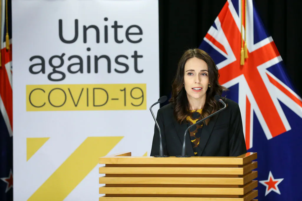 Prime Minister Jacinda Ardern speaks to media at a press conference ahead of a nationwide lockdown at Parliament in Wellington, New Zealand, on March 25, 2020. (Hagen Hopkins/Getty Images)