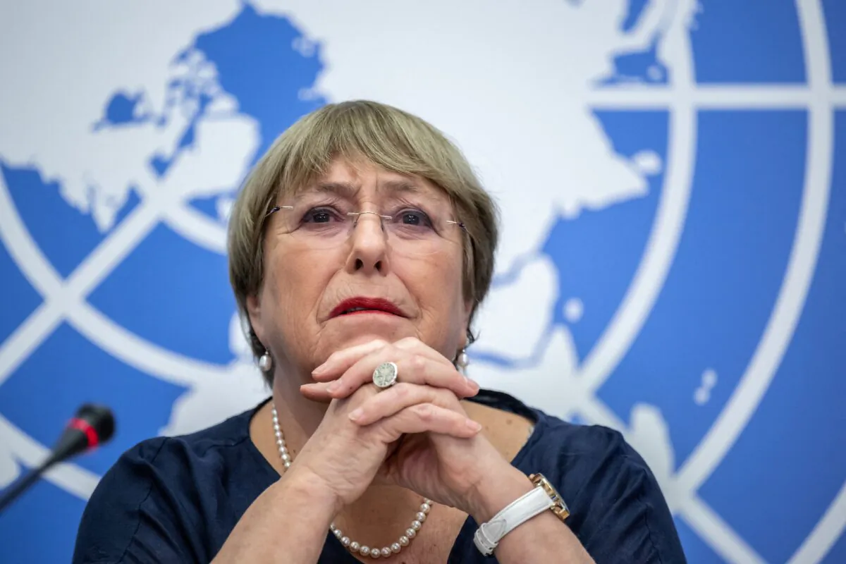 Outgoing U.N. High Commissioner for Human Rights Michelle Bachelet gives a final press conference at the United Nations offices in Geneva on Aug. 25, 2022. (Fabrice Coffrini/AFP via Getty Images)
