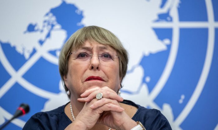 Outgoing U.N. High Commissioner for Human Rights Michelle Bachelet gives a final press conference at the United Nations offices in Geneva on Aug. 25, 2022. (Fabrice Coffrini/AFP via Getty Images)