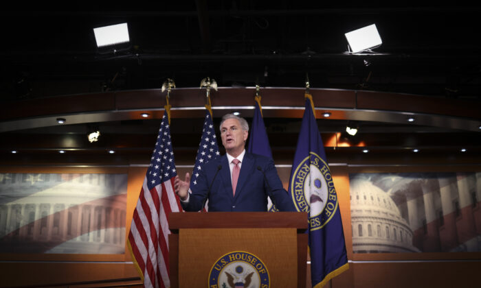 House Minority Leader Kevin McCarthy (R-Calif.) answers questions during a press conference at the U.S. Capitol in Washington on July 29, 2022. (Win McNamee/Getty Images)
