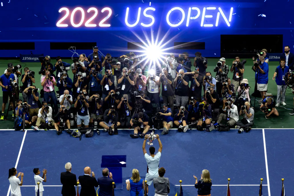 A general view as Carlos Alcaraz of Spain celebrates with the championship trophy after defeating Casper Ruud of Norway during their Men’s Singles Final match on Day Fourteen of the 2022 US Open at USTA Billie Jean King National Tennis Center in New York City, on Sept. 11, 2022. (Al Bello/Getty Images)