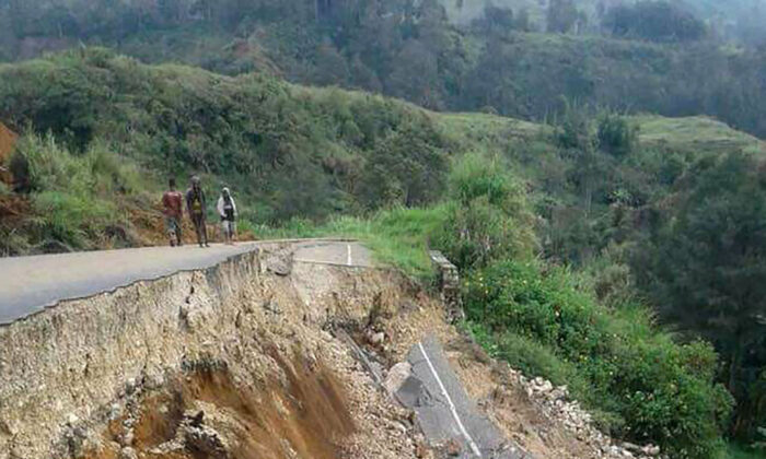 An earthquake damaged road near Mendi in Papua New Guinea's highlands region on Feb. 27, 2018 after a 7.5-magnitude earthquake.
(Melvin Levongo/AFP via Getty Images)