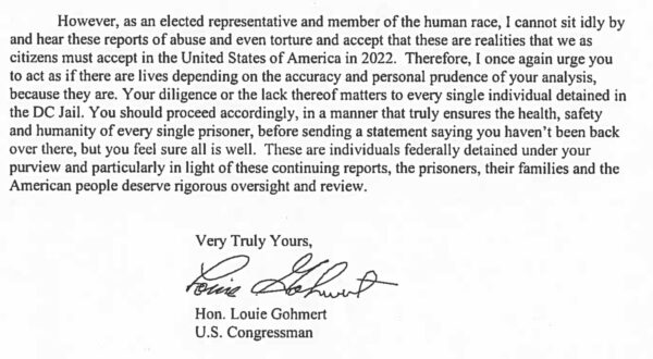 Screenshot of closing remarks of Representative Louis Gohmert (R-Texas) in his September 12, 2022 letter to The Honorable Ronald L. Davis, Director, U.S. Marshals Service, regarding the alleged assault of several January 6 prisoners and the subsequent lockdown of the Central Treatment Facility of the jail in Washington D.C.