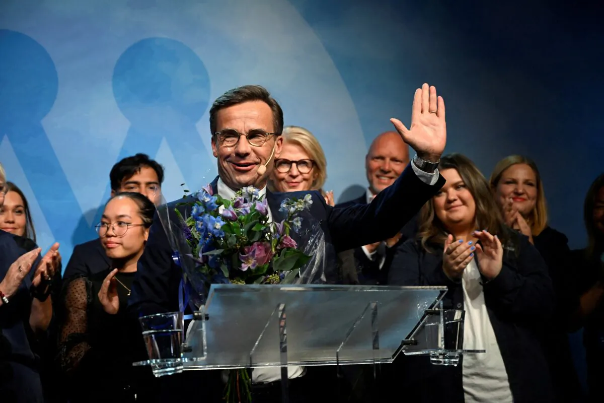 Moderate party leader Ulf Kristersson delivers a speech at the Moderate party election watch at the Clarion Sign Hotel in Stockholm on Sept. 11, 2022. (TT News Agency/Fredrik Sandberg via Reuters)