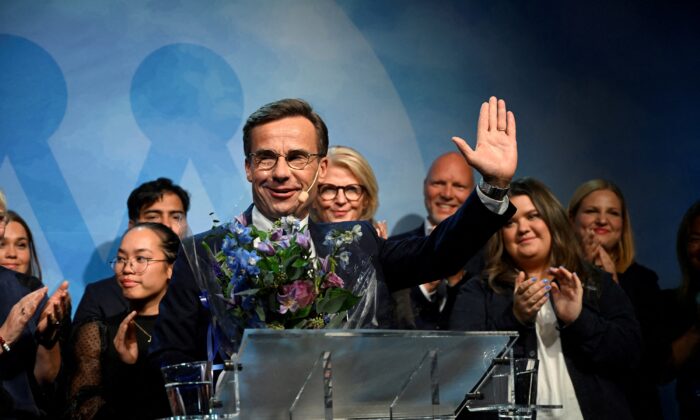 Moderate party leader Ulf Kristersson delivers a speech at the Moderate party election watch at the Clarion Sign Hotel in Stockholm on Sept. 11, 2022. (TT News Agency/Fredrik Sandberg via Reuters)