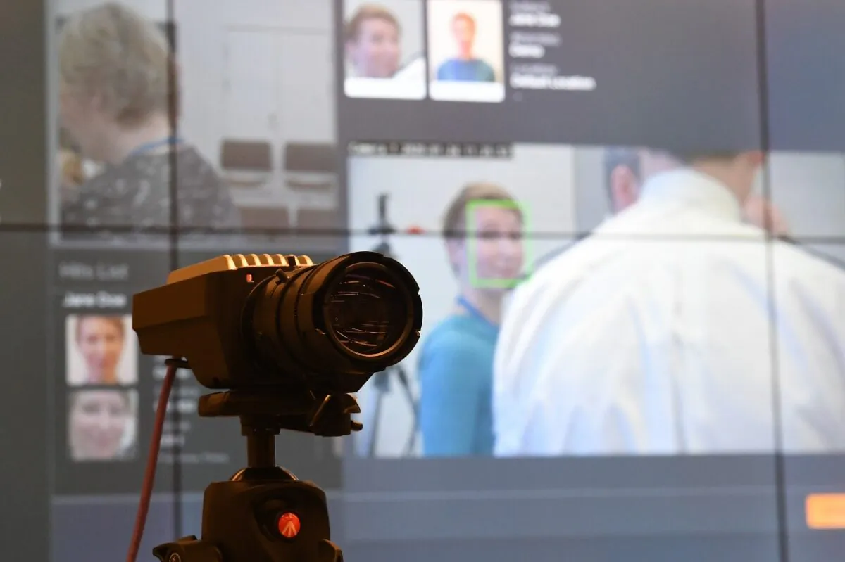 A camera being used during facial recognition trials at New Scotland Yard in London in January 2020. (PA)