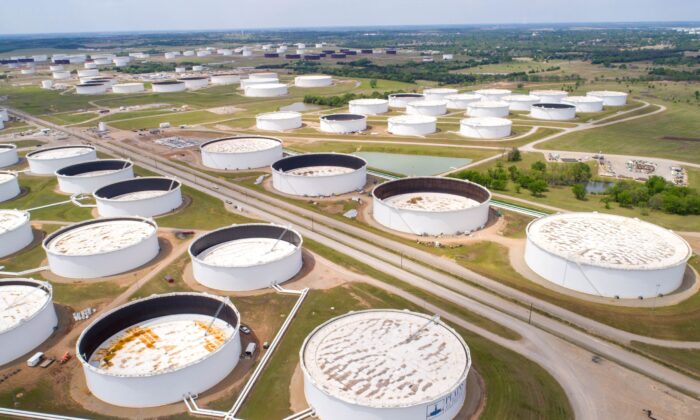 Crude oil storage tanks in an aerial photograph at the Cushing oil hub in Cushing, Okla., on April 21, 2020. (Drone Base/Reuters)