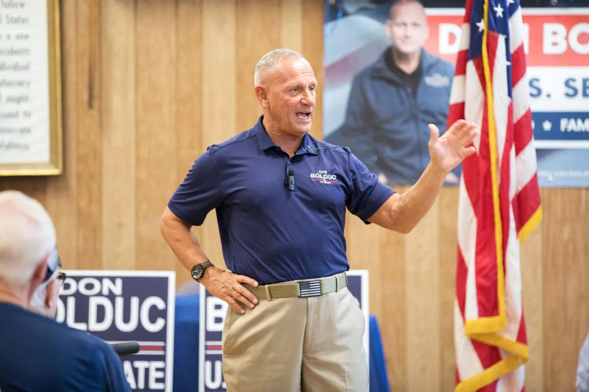 Republican Senate candidate Don Bolduc greets supporters at a town hall event on Sept. 10, 2022, in Laconia, New Hampshire. Bolduc is running against Bruce Fenton and Chuck Morse in the upcoming GOP primary. (Scott Eisen/Getty Images)