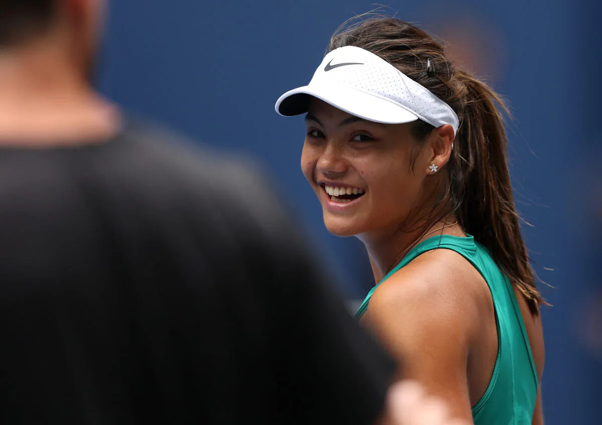 Emma Raducanu of Great Britain smiles in a practice session during previews for the 2022 US Open tennis at USTA Billie Jean King National Tennis Center in New York on Aug. 28, 2022. (Julian Finney/Getty Images)