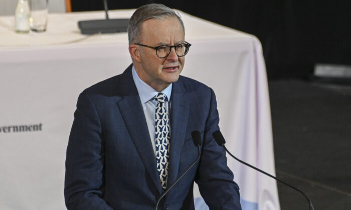 Prime Minister Anthony Albanese addresses the Jobs and Skills Summit at Parliament House in Canberra, Australia, on Sept. 1, 2022. (Martin Ollman/Getty Images)