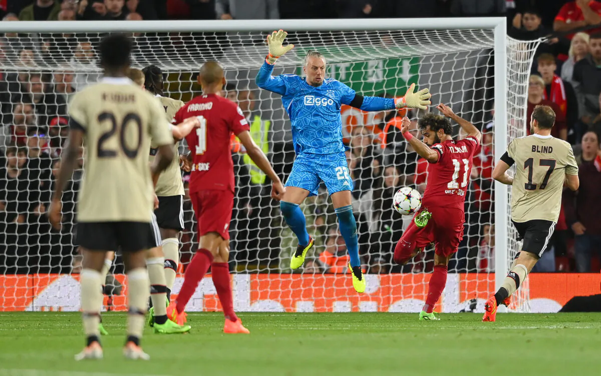 Mohamed Salah of Liverpool has a shot saved by Remko Pasveer of Ajax during the UEFA Champions League group A match between Liverpool FC and AFC Ajax at Anfield in Liverpool, England, on September 13, 2022. (Stu Forster/Getty Images)