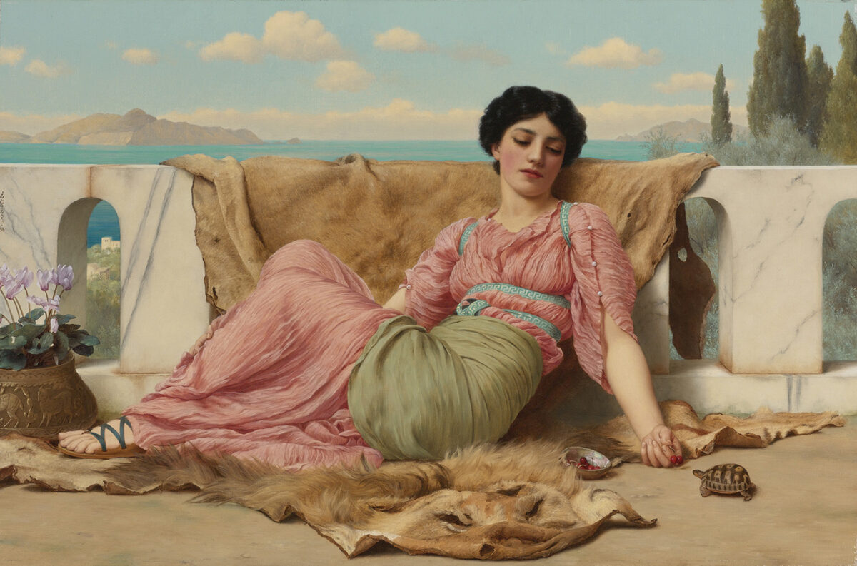 "The Quiet Pet," 1906, by John William Godward. Oil on canvas.  Private collection. (Public Domain)