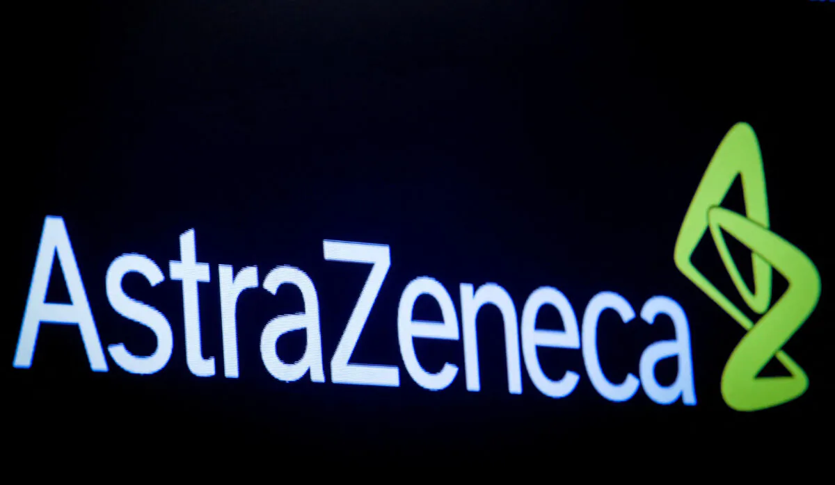 The company logo for pharmaceutical company AstraZeneca on a screen on the floor at the New York Stock Exchange on April 8, 2019. (Brendan McDermid/Reuters)