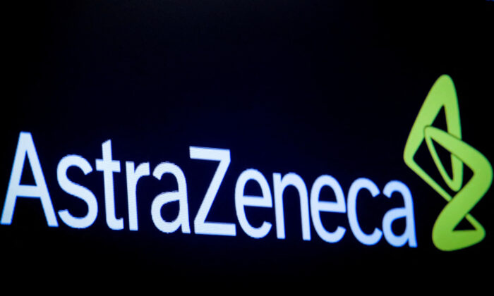 The company logo for pharmaceutical company AstraZeneca on a screen on the floor at the New York Stock Exchange on April 8, 2019. (Brendan McDermid/Reuters)
