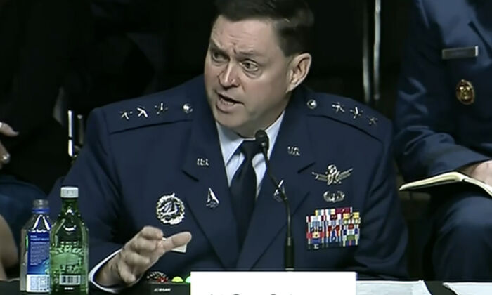 Lt. Gen. Bradley C. Saltzman testifies before the Senate Armed Services Committee on Sept. 14, 2022. (U.S. Committee on Armed Services/Screenshot via The Epoch Times)